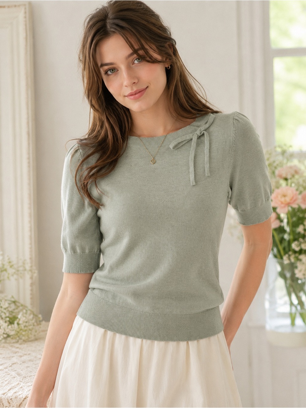 La Vila Milano Light Sage Bow Tie Knit Sweater Short Puff Sleeve XS NWOT